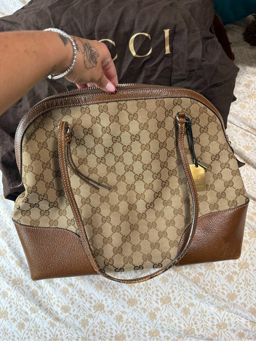 Authentic Gucci Beige GG Canvas and Brown Leather Tote